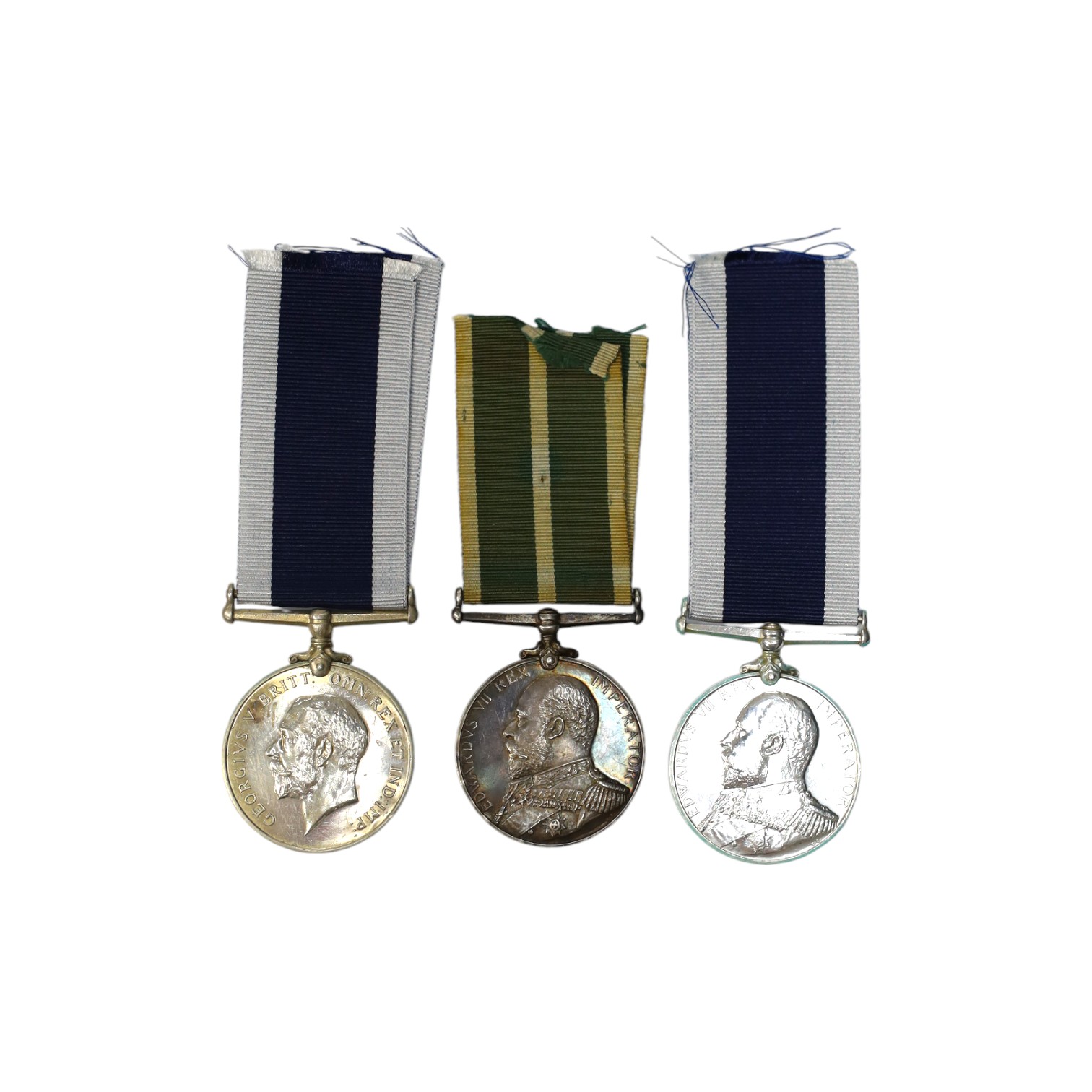 Three LSGC medals; Ed VII Royal Naval LSGC to 158678 J.A.Ford, Boat'n, H.M.Coast.Guard; Geo V Royal Naval LSGC to M.39756L.Parvin.R.P.O. H.M.S.Dunedin; Ed VII Royal Naval Reserve LSGC to D.3299 W.H.Pender, Sea'n 1.CL, R.